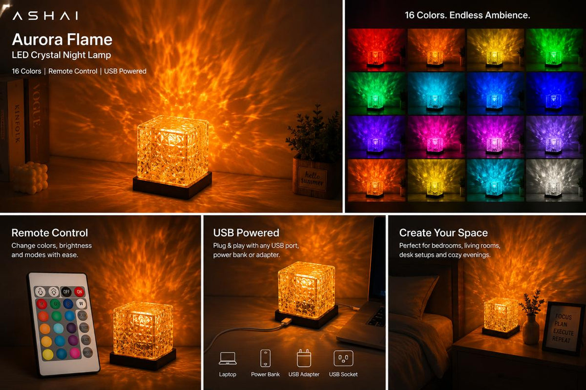 Flame LED Crystal Night Lamp with Remote Control